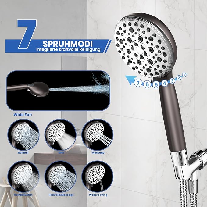 Shower Head with Handheld, Shower Heads High Pressure, Shower Head with Filter-Hand Held Showerhead Set,7 Modes Filtered Showerhead with 59″Replacement Hose/Bracket/Filters