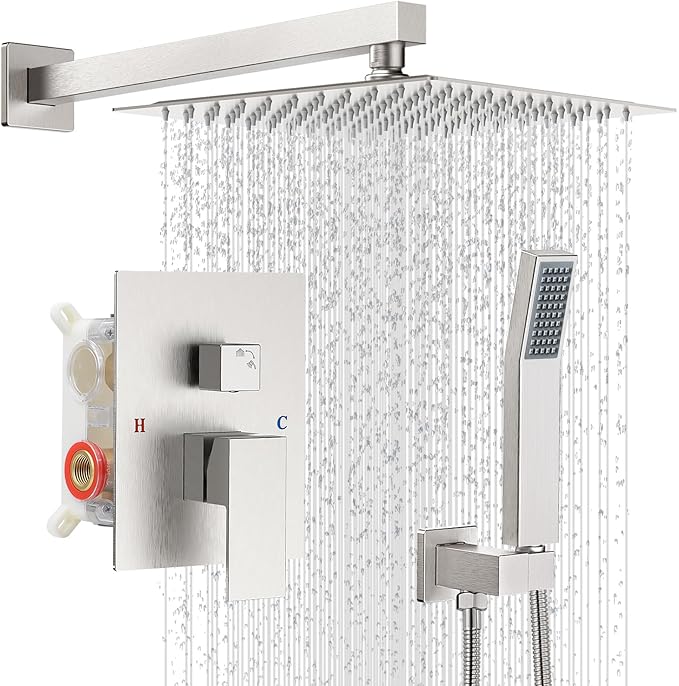 IUERASD Shower Faucet Set with Shower Head, Wall Mount 10 Inch Square Rainfall Shower Head and Handle Set Single Handle Shower System Set with Female Threads Valve Body and Trim Included(Brush Nickel)