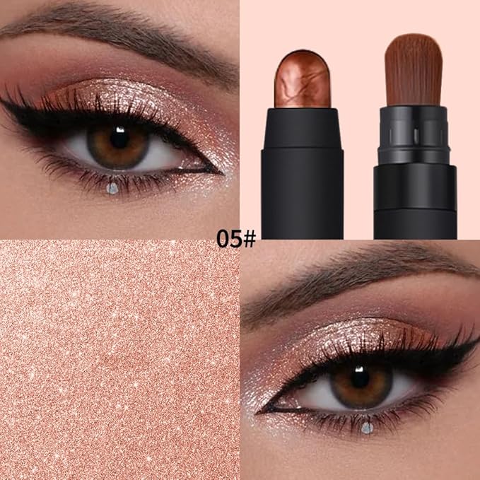 Shimmer Eyeshadow Stick –Warm Amber Dual-Ended Creamy Pearl Eye Shadow Pencil with Built-In Smudger, Waterproof Long-Lasting High Pigment Eye Makeup for Smooth Glide 05#
