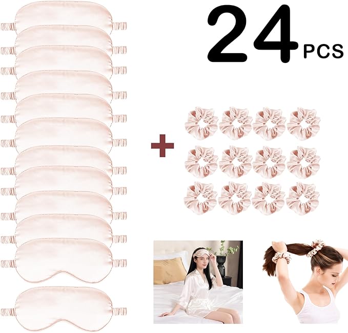 24Pcs Satin Eye Mask Silk Sleep Masks Silky Eyes Cover Blackout Blindfold Eyeshade Scrunchies Hair Ties Travel Wedding Gift