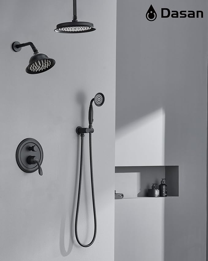 Dasan Antique Dual Rainfall Shower System, Matte Black, Complete Shower Fixture Combo, 9'' & 6'' Dual Rainfall Overhead Shower with Handheld, Valve & Trim Kit, AT3096C-MB