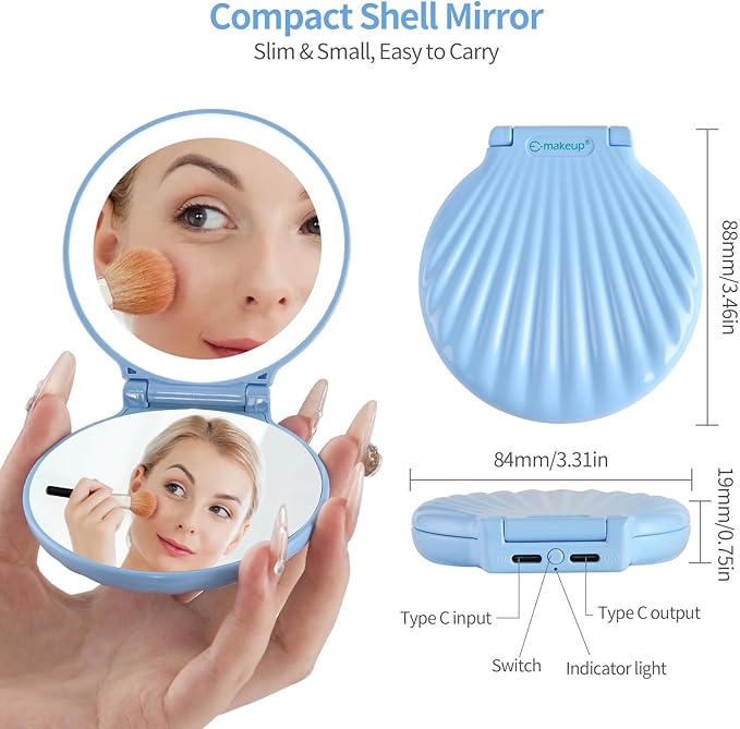 Compact Makeup Mirror, 10X /2X Magnification, Compact Travel Mirror with 3-Level Brightness, Shell Led Compact Mirror with Light, Small Gifts for Women & Men, Portable, Handheld