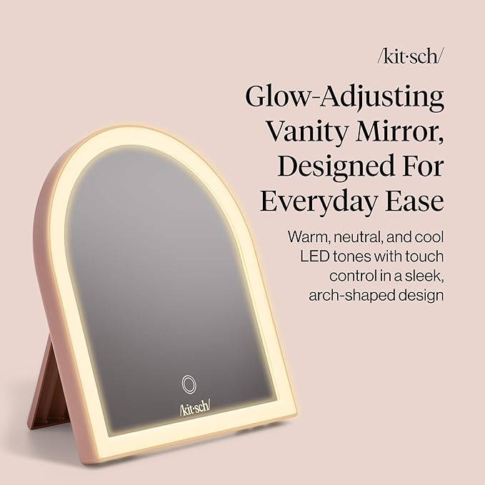 Kitsch Arch Desk Vanity Mirror with Lights, LED Makeup Surface, Touch Sensor Dimmable Warm Neutral Cool Glow, Rechargeable Desk Mirror with Kickstand for Travel - Terracotta