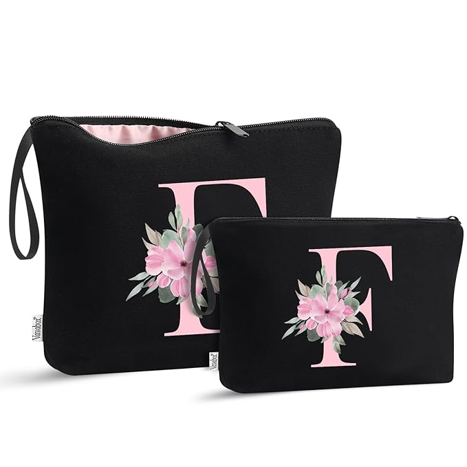 Vavabox A-Z Personalized Makeup Bag, Birthday Gifts for Women Mom, Gifts for Best Friend, Bride Bridesmaid Cosmetic bag (F, 04-Black Set)