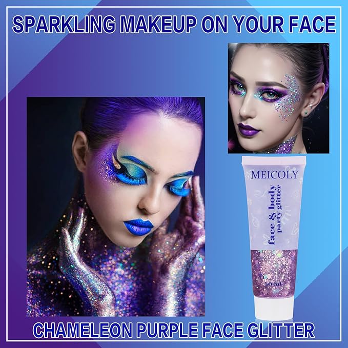 MEICOLY Chameleon Purple Hair Glitter,Holographic Chunky Face Body Glitter,Mardi Gras Accessories for Women,Self-Adhesive Color Changing Mermaid Face Glitter,Festival Makeup for Face Body Hair