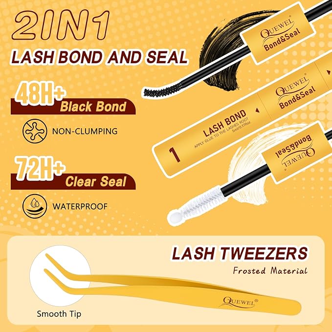 QUEWEL Lash-Clusters-Kit, DIY Lash Extension Kit 3D Effect Lash-Clusters Mix 10-18mm Eyelash Clusters with Lashes Bond and Seal Eyelash Tweezers (3D Cloud A Kit)