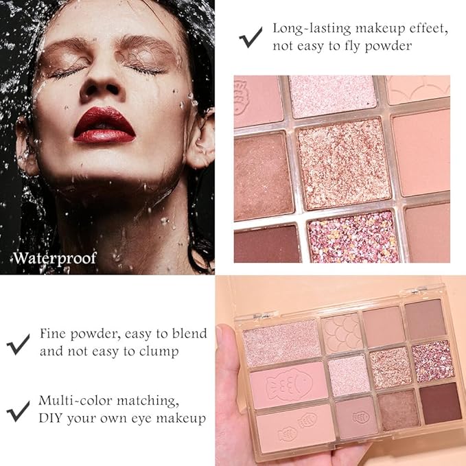SUAKE Nude Pink Eyeshadow Palette, Matte & Shimmer, High Pigmented 12 Colors Brown Purple Eye Shadow Primers for Eye Makeup, Korean Powder Palet de sombras de ojos (04# Red Bean)