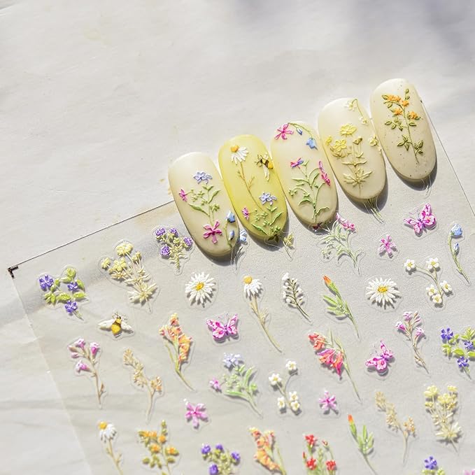 5D Embossed Flower Nail Stickers Self-Adhesive Nail Art Stickers for Spring Nail Decals Daisy Floral Nail Art Supplies Nail Design for Acrylic Nails Flower Manicure Decorations for Women