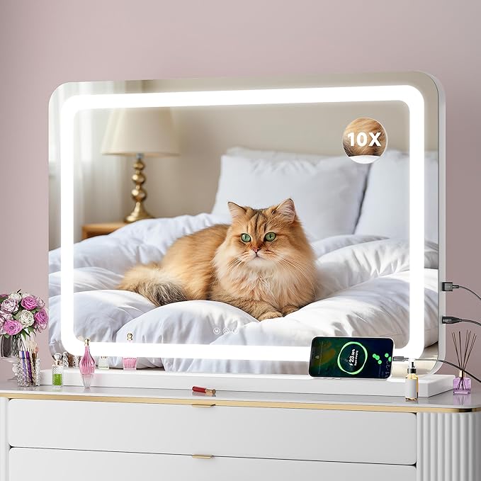 Vanity Mirror with Lights, 28" x 20" LED Makeup Mirror with 10X Magnification, Dimmable 3 Modes, Memory Function, Smart Touch, USB Charging Port, Lighted Makeup Mirror Round White