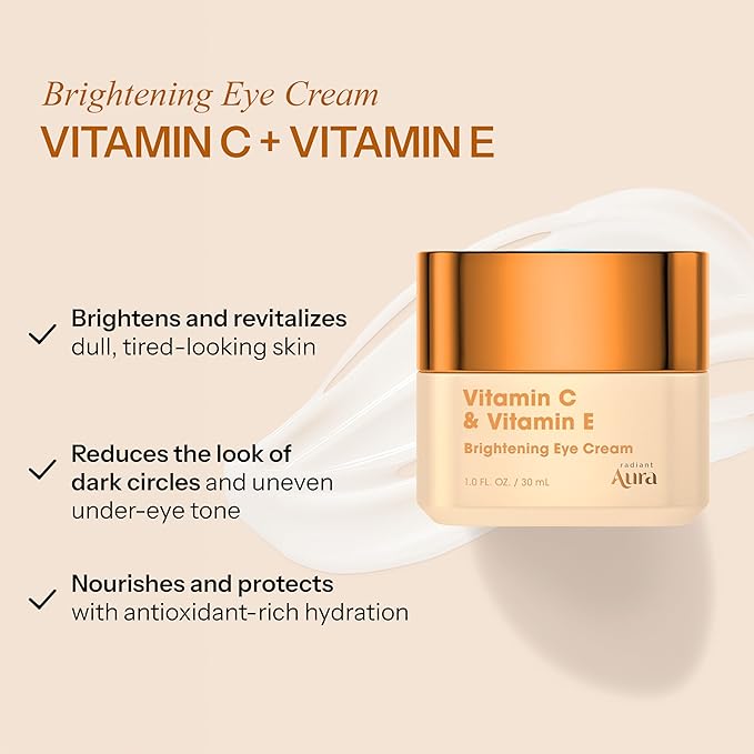 Radiant Aura Vitamin C & Vitamin E Under Eye Cream – Anti Aging Treatment For Dark Circles, Puffiness & Fine Lines, Firms And Hydrates Tired Eyes – Dermatologist Tested, Korean Skin Care – Pack of 2