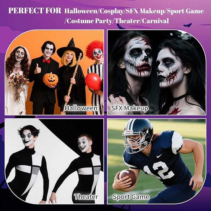 Black Red White Oil-Based Body Paint Palette, Waterproof Full Coverage SFX Makeup for Adult Halloween Cosplay Clown & Vampire Looks, Non-Toxic Face Paint for Theater Performance Costume Party