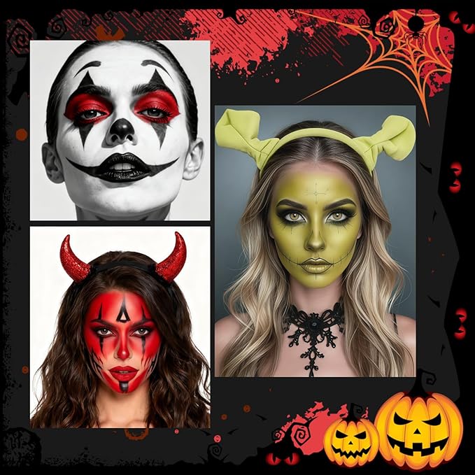 Halloween Makeup Kit for Demon, Water-Based Non-Toxic Face Paint Set with Red Face Body Paint, Red Horn Headband, for Halloween Devil Cosplay SFX Makeup, Theme Parties, Theatre