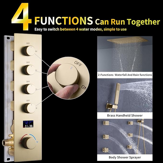 AYIVG Brushed Gold Thermostatic Rainfall Full Body Shower System With 2 In 1 Waterfall Rainfall Ceiling Mount 16 X 24 Inch Rain Shower Head 6 Jets Temperature Display Shower Faucet Set