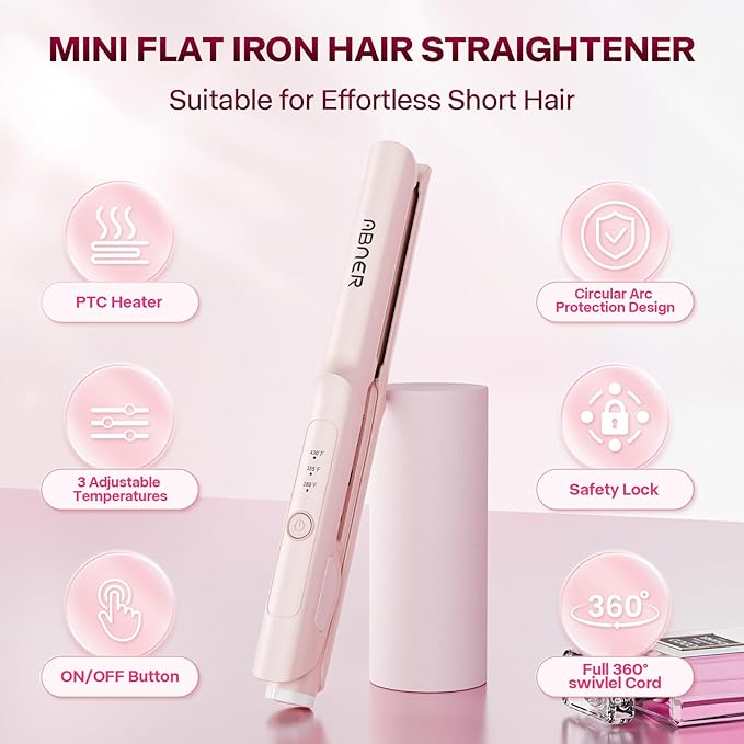 ABNER Mini Flat Iron 0.7 Inch Ceramic Hair Straightener, Small Flat Irons for Short Hair, Curls, Bangs - Adjustable Temperature, Travel-Size, Auto Shut Off, Dual Voltage for Women, Men