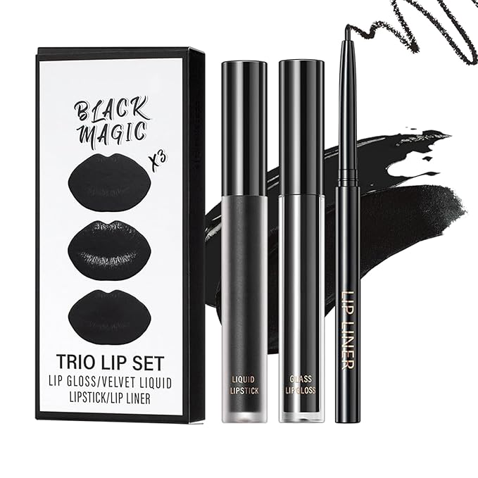 3pcs-Black Lipstick and Lip Liner Set Lip Kit,3 in 1 Velvet Lipstick Halloween Matte Liquid Lipstick Lip Gloss with Lip Pencil,Hydrating Lip Stain Lip Makeup（Black）