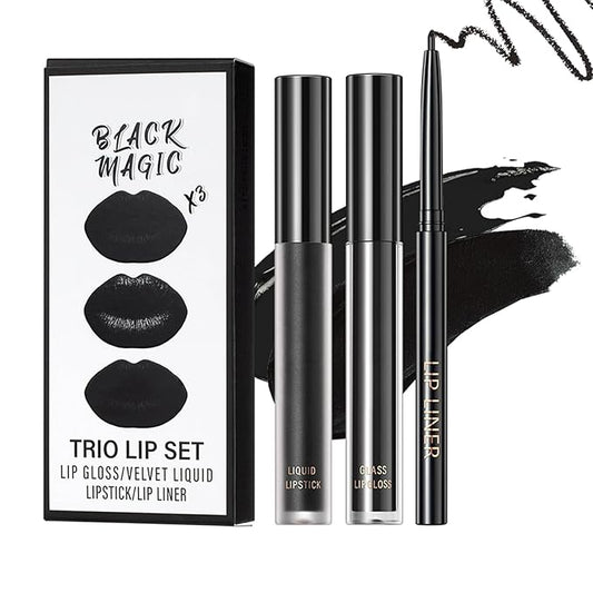 3pcs-Black Lipstick and Lip Liner Set Lip Kit,3 in 1 Velvet Lipstick Halloween Matte Liquid Lipstick Lip Gloss with Lip Pencil,Hydrating Lip Stain Lip Makeup（Black）