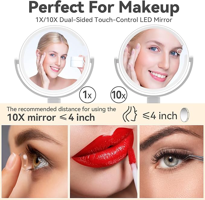 Makeup Mirror with Lights, Double Sided 1x/10x Magnifying Mirror，Rechargeable 3 Color Lights & Adjustable Brightness and Height LED Vanity Mirror, 360° Rotation Detachable Travel Make Up(White)