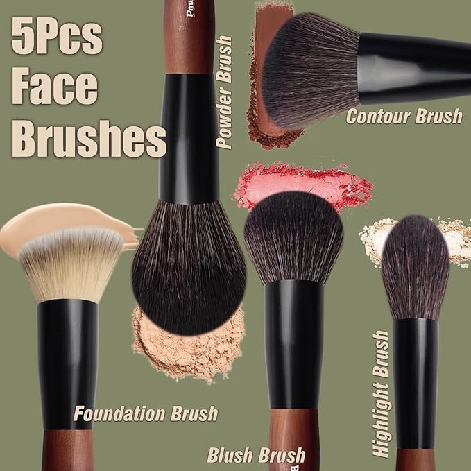 Makeup Brushes 16 Pcs Makeup Brush Set Professional, Wood Handle Travel Make Up Brushes Set with Case, Premium Cruelty-Free Synthetic Fiber Hair Makeup Brush Kit with Holder