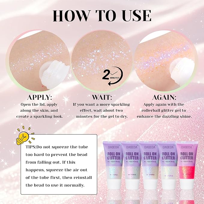 DAGEDA 2 Colors Roll-on Body Glitter, Eye Face Glitter Gel for Festival Outfit Mermaid Accessories,Holographic Color Body Shimmer Makeup Rave Outfits Accessories for Women(01+02)