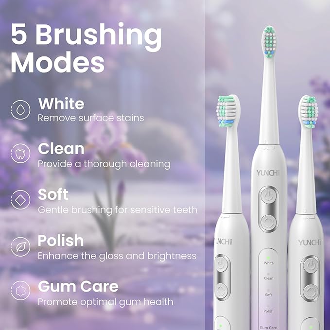 YUNCHI Electric Toothbrush Birthday/Valentine Plastic 8 Heads 24-Mo Deep Cleans Gentle Gums Removes Stains 3Hr USB-C 90d 2-Min Timer/30s IPX7 - Purple
