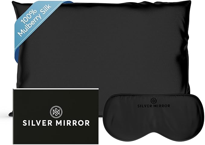 Silver Mirror Silk Sleep Essentials Set in Black: Pillowcase and Eye Mask, 25" x 19.5" Fits Standard Queen Pillow, 22mm 6A Grade, for Gentle Sleep, Anti-Breakage, Tangles, Creases, and Wrinkles