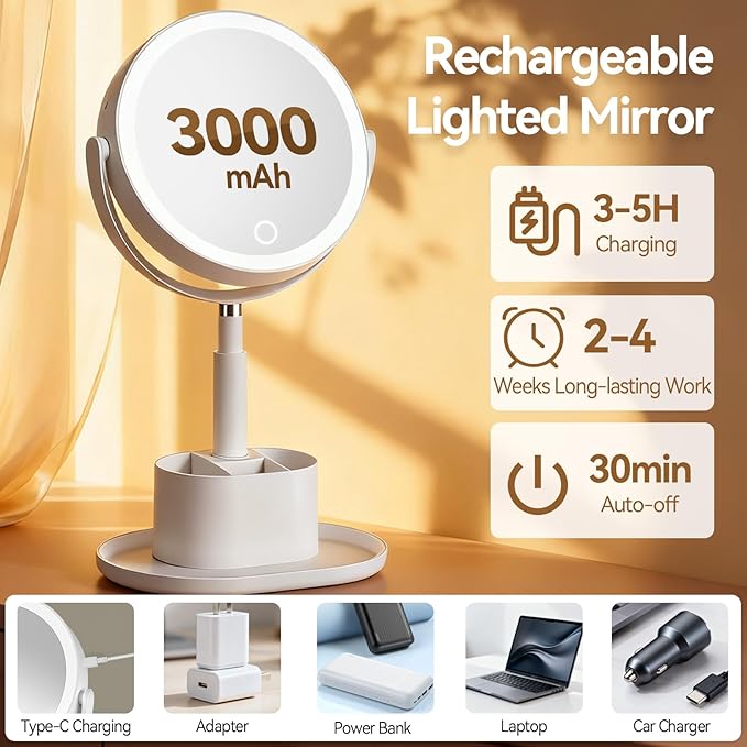 Shinowa Makeup Mirror with Lights, 1X/20X Lighted Makeup Mirror with Storage for Makeup & Jewelry, 2-Sided Height Adjustable Magnifying Mirror with 3 Color Lights, 360° Rotation & Rechargeable, White
