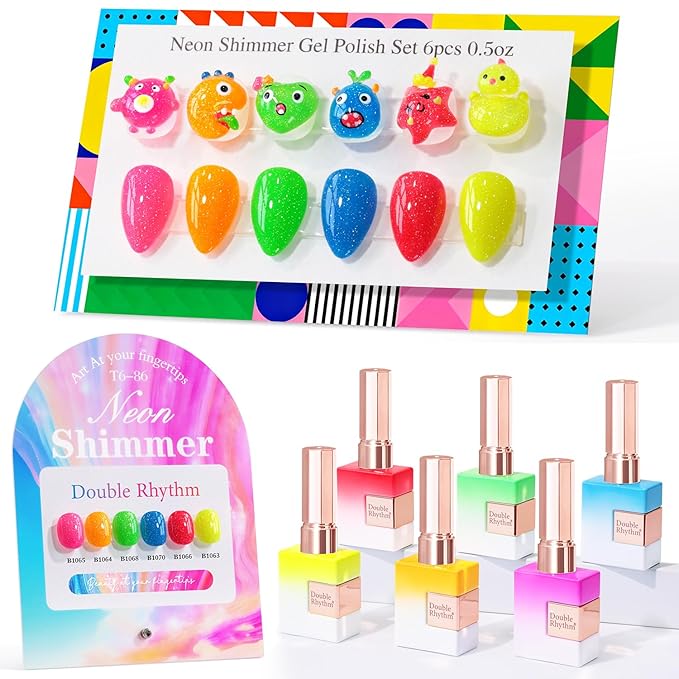 Double Rhythm 6 Pcs 15 ML Gel Polish Set Same Color Same Bottle Soak Off Gel Polish Kit Nail Art Manicure Salon DIY at Home (Shimmer Neon Yellow Orange Green Blue Pink-T6-86)