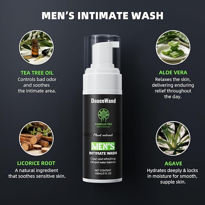 DouceWand Men's Intimate Wash - Foaming Groin Cleanser for Daily Hygiene & Odor Control - Enriched with Tea Tree Oil, Aloe & Camellia Extract - pH Balanced, Refreshing Body Wash for Athletes - 5 Fl Oz