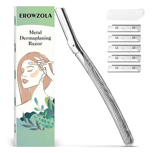 Eyebrow Razor, Face Razors for Women and Men, Reusable Metal Handle with 6 Refill Blades, Eyebrow Trimmer with Precision Cover, Dermaplane Razor, Skin Care Tool - Shiny Silver