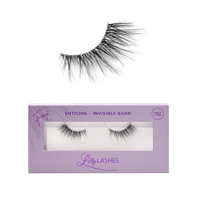 Lilly Lashes Sheer Band, False Eyelashes w/Invisible Band Lashes, Half Lashes Natural Look, Half Lash Cateye Style, Clear Band Lashes, Reusable Eyelashes 20x, Lash Glue not Included,13.5mm (Enticing)
