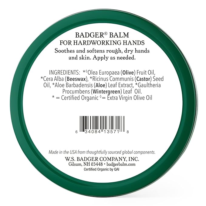 Badger Healing Balm, Hard Working Hands Cream, Organic Hand Cream for Dry Cracked Hands, Long Lasting Hand Moisturizer/Dry Hands Treatment, 2 oz Tin