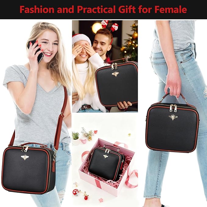 GIUWESOY Travel Makeup Bag with Light Up Mirror, Portable Makeup Bag with Led Light Women Waterproof Makeup Travel Case adjustable dividers Rechargeable Vanity Mirror with 3 Color Lights (Black)