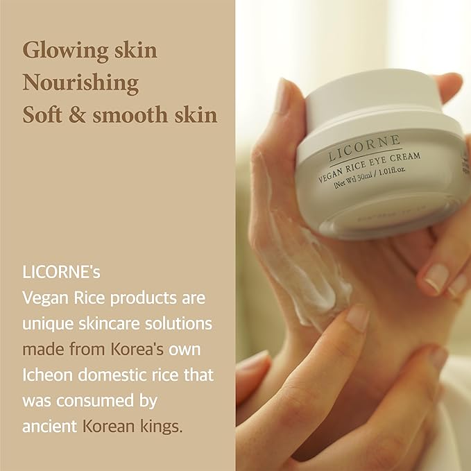 LICORNE Vegan Rice Eye Cream, De-Puffing & Dark Circles Under Eye Treatment, Thick Butter Texture with Icheon Royal Rice & AHA/PHA for Wrinkles, Large 1.01 fl oz (30ml)