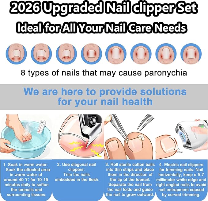 Electric Nail Clipper, 4-in-1 Rechargeable Automatic Nail Clipper Set with 3 Speed Gears/Nail File/Polishing/Trimmer/LED Light, Safe Smart Nail Clippers for for Baby, Kids, Adult and Seniors, White