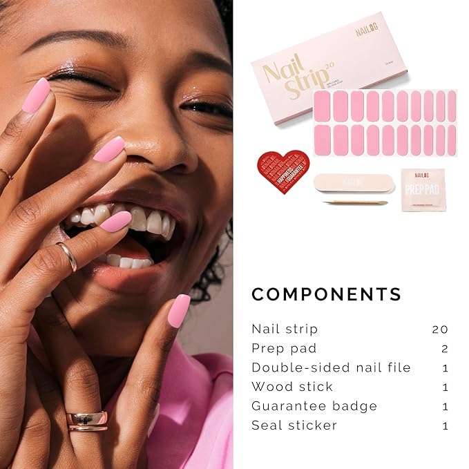 Semi Cured Gel Nail Strips - NAILOG 20 Pcs Pink Gel Nail Stickers Extra Long Nail Wraps with Glossy Gel Finishing for Spring Summer, Tiffany