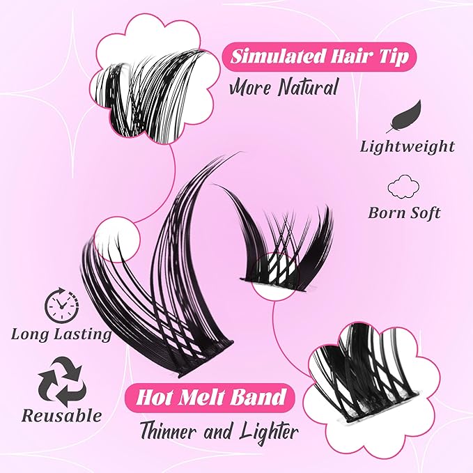 Lash Clusters Kit Manga 8-16mm Light-Volume Natural Wispy Eyelash Clusters C/D Curl Eyelash Extension Kit Spiky Cat Eye Individual Lash Eyelash Clusters with 0.05mm Ultra-Thin Black Band