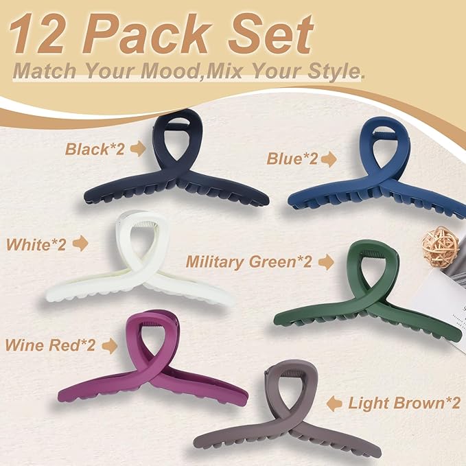 12Pcs Extra Large Claw Clips, 4.5" Hair Clips for Thick Hair&Thin Hair, Non-slip Hair Clips for Women (Black, White, Light Brown, Blue, Red, Green)