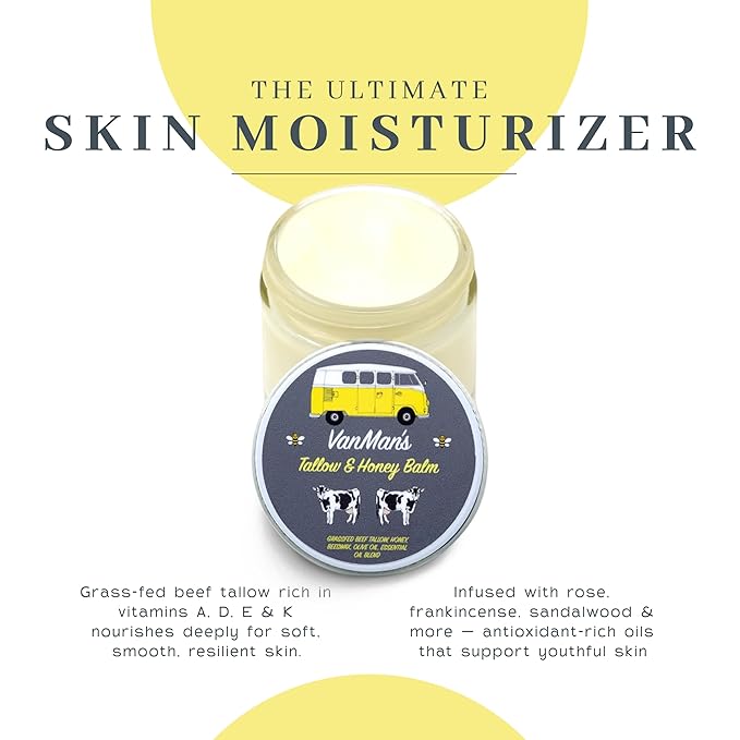 Vanman's Tallow and Honey Balm (2 Pack) - Tallow Face Moisturizer with Pure Grass-Fed/Finished Beef Tallow for Skin and Essential Oils, Organic Raw Honey and Beeswax, Cold Pressed Olive Oil - 2 oz