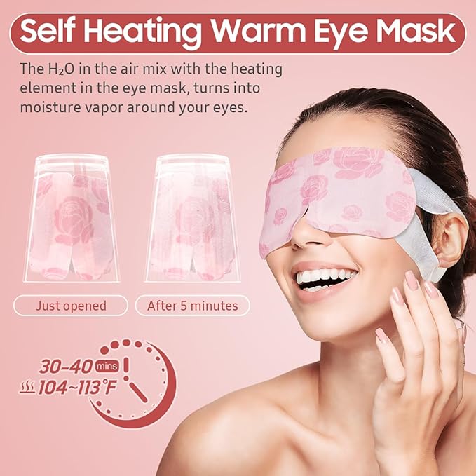 BeHoomi 30Packs Steam Eye Mask, Heated Eye Mask Warm Compress for Eyes, Self Heating Disposable Steam Mask for Home Sleep, Spa, Travel Essentials & Relaxation Gifts, Stocking Stuffers (Rose)
