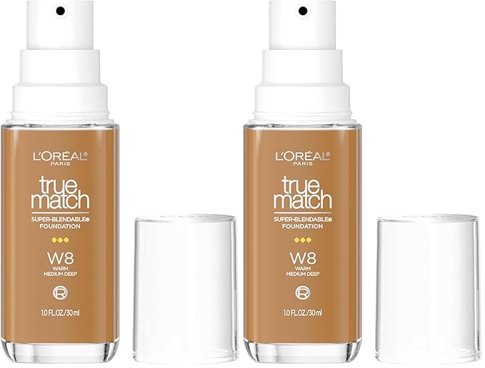 L'Oreal Paris True Match Super-Blendable Foundation, Medium Coverage Liquid Foundation Makeup, W8, Medium Deep, 1 Fl Oz (Pack of 2)