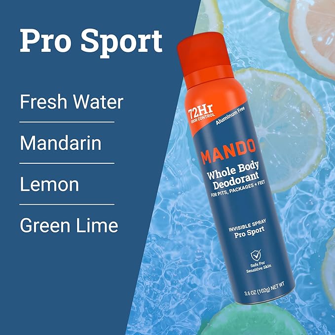 Mando Whole Body Deodorant For Men - Invisible Spray Deodorant - 72 Hour Odor Control - Low Irritation Formula - Aluminum Free, Benzene Free - 3.6 ounce Can - Pro Sport