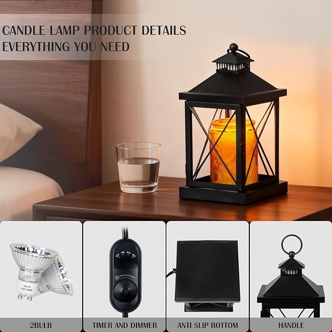 Candle Warmer Lamp with Timer, Dimmable Candle Lamp, Compatible with 3 Wick Candles, Vintage Lamp Candle Warmer for Bedroom Home Living Room Decor, Wax Melt Warmer with 2 Bulbs (Black)