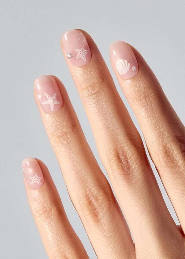 ohora Semi Cured Gel Nail Strips (N Seashell Love) - Works with Any Nail Lamps, Salon-Quality, Long Lasting, Easy to Apply & Remove - Includes 2 Prep Pads, Nail File & Wooden Stick