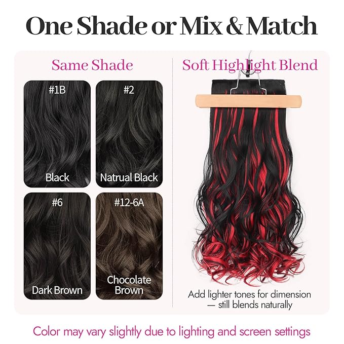 Kookastyle Clip in Hair Extensions, Natural Long Layered Soft Invisible Synthetic Curly Wavy Hairpieces for Women,4 pcs(20 Inch,Rich Dark Brown Silky Shine)