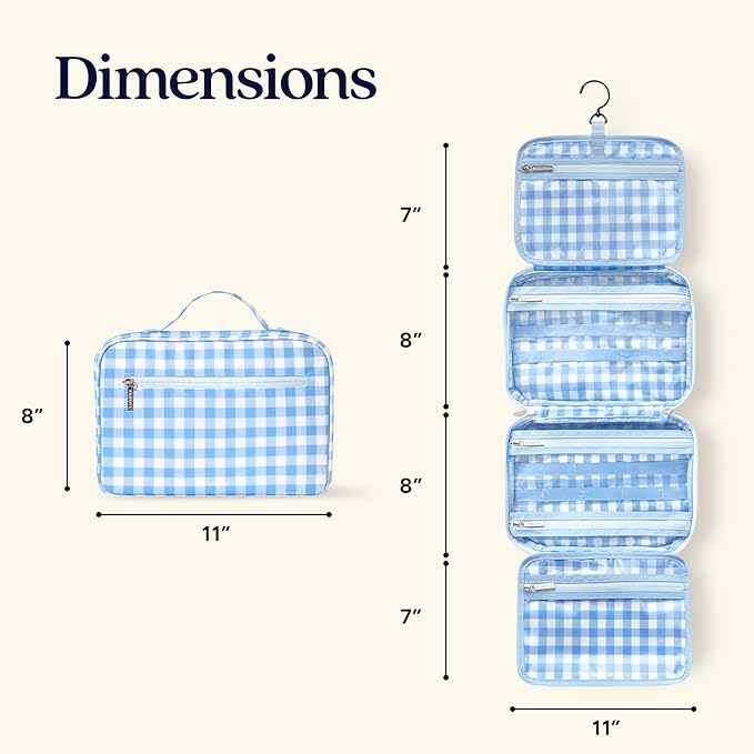 VANDEL Waterproof Hanging Toiletry Bag for Travelling, Hanging Makeup Organizer Bag, Cosmetic Travel Bags for Women, Makeup Case Toiletries Organizer Hygiene Bathroom Shower Caddy - Blue Gingham