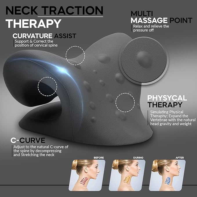 Neck Stretcher & Posture Corrector for Women and Men, Cervical Traction for Spine Alignment, Adjustable Upper Back Brace & Elastic Support for Shoulder Back Pain Relief (Black)