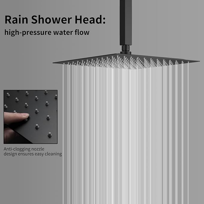 WHSHOWER Digital Display Shower Faucet Set With 12 Inch Rainfall Shower Head,Brass Handheld Sprayer And 6pcs Body Jets,Full Body Shower System (Matte Black)