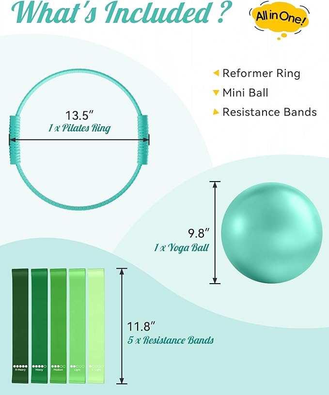 Pilates Ring Set, Home Pilates Kit for Women Pilates Equipment Ring and Ball Set Magic Circle Hoop with 5 Resistance Bands Compact Toning Fitness Essentials Starter Set Accessories