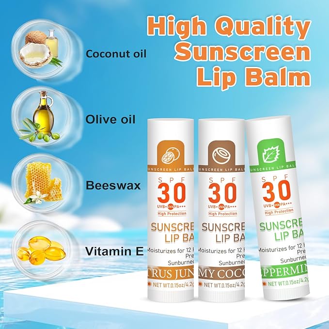 VISRIE SPF 30 Lip Sunscreen, SPF Lip Balm Travel Size 16 Pack, Hydrating Lip Balm Bulk with Vitamin E and Coconut Oil- 8 Flavors
