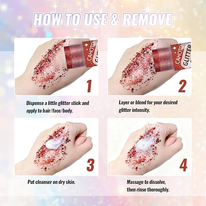 Red Face Body Hair Glitter Stick for Christmas, Shimmer Stick Gel for Women, Sparkling Holographic Chunky Sequins for Carnival Party Festival Halloween Singer Concert Outfit, 0.56oz